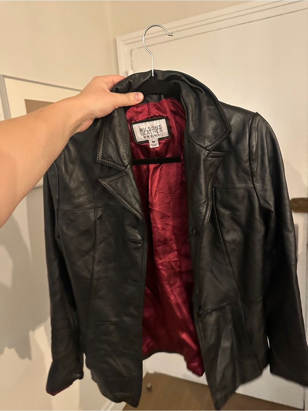 Wilsons Leather Black Leather Jacket with Red Satin Lining